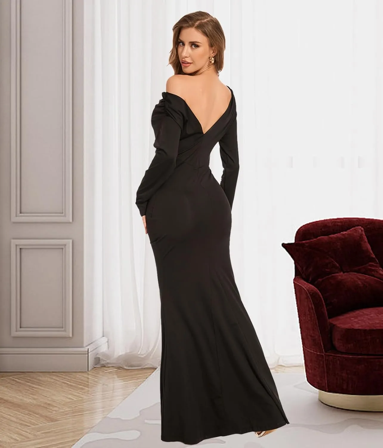Women's Sexy Off Shoulder Bodycon Maxi Dresses Casual Short Sleeve Mermaid Club Party Long Dress