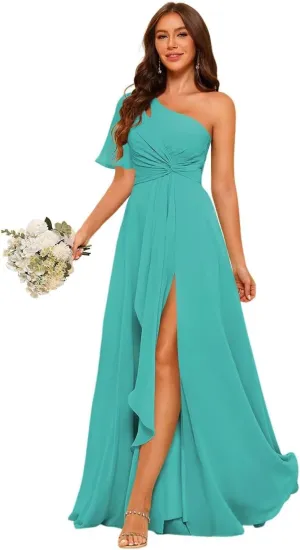 Women's Short Sleeves Chiffon Bridesmaid Dresses with Pockets 2025 Pleated Aline Formal Evening Dresses with Slit DE340
