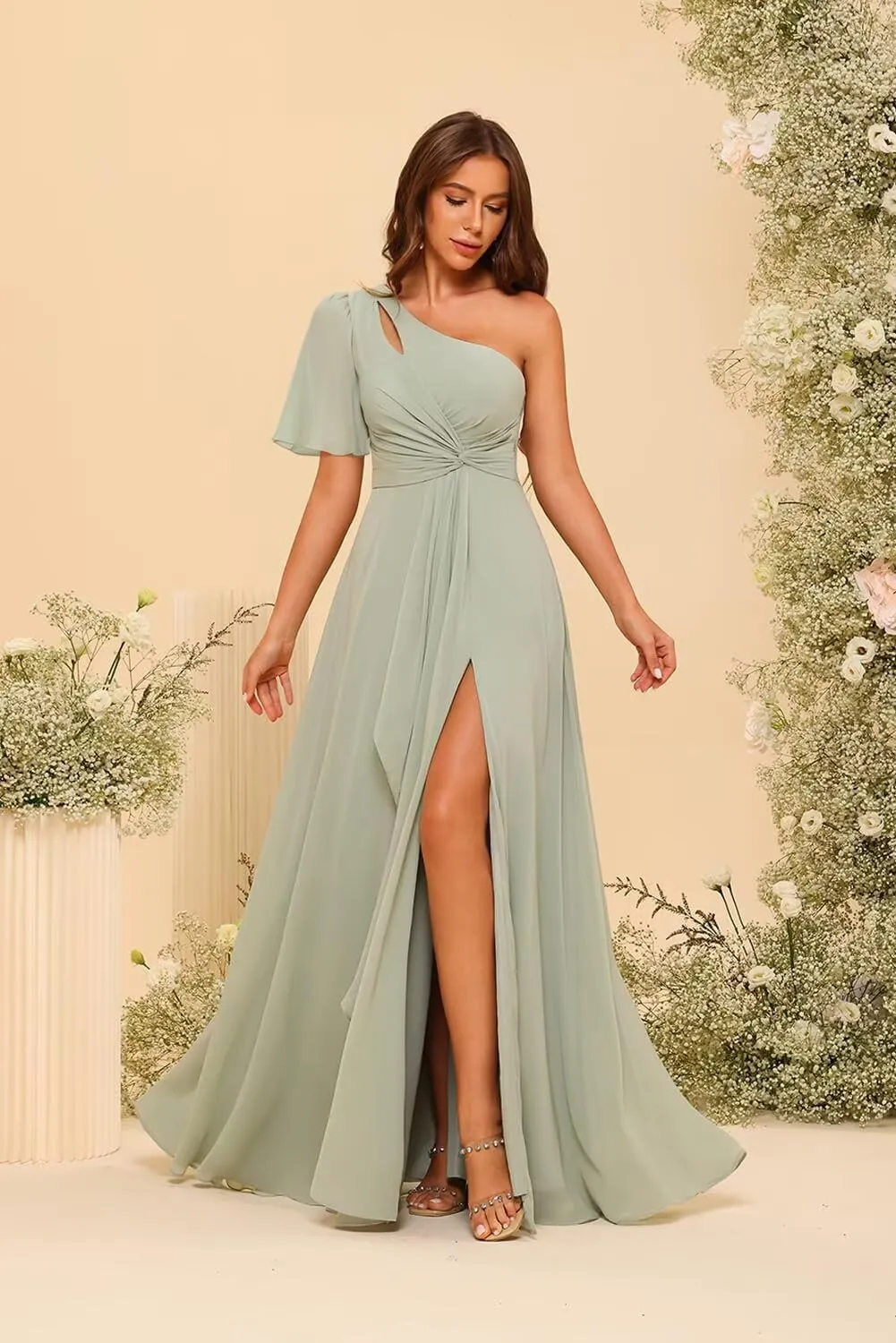 Women's Short Sleeves Chiffon Bridesmaid Dresses with Pockets 2025 Pleated Aline Formal Evening Dresses with Slit DE340