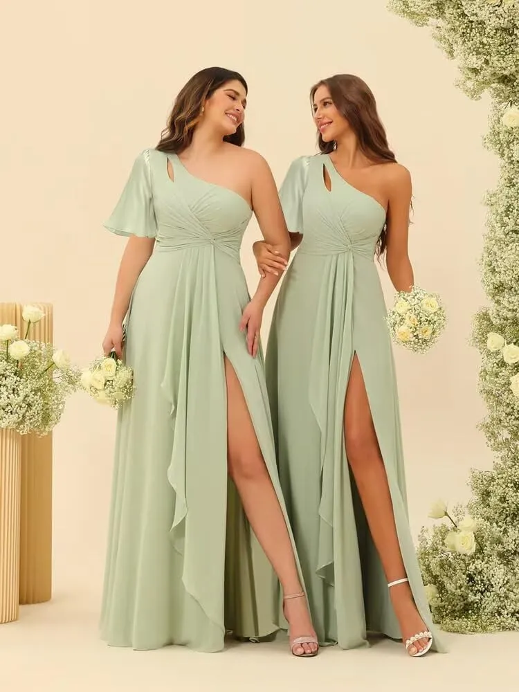 Women's Short Sleeves Chiffon Bridesmaid Dresses with Pockets 2025 Pleated Aline Formal Evening Dresses with Slit DE340