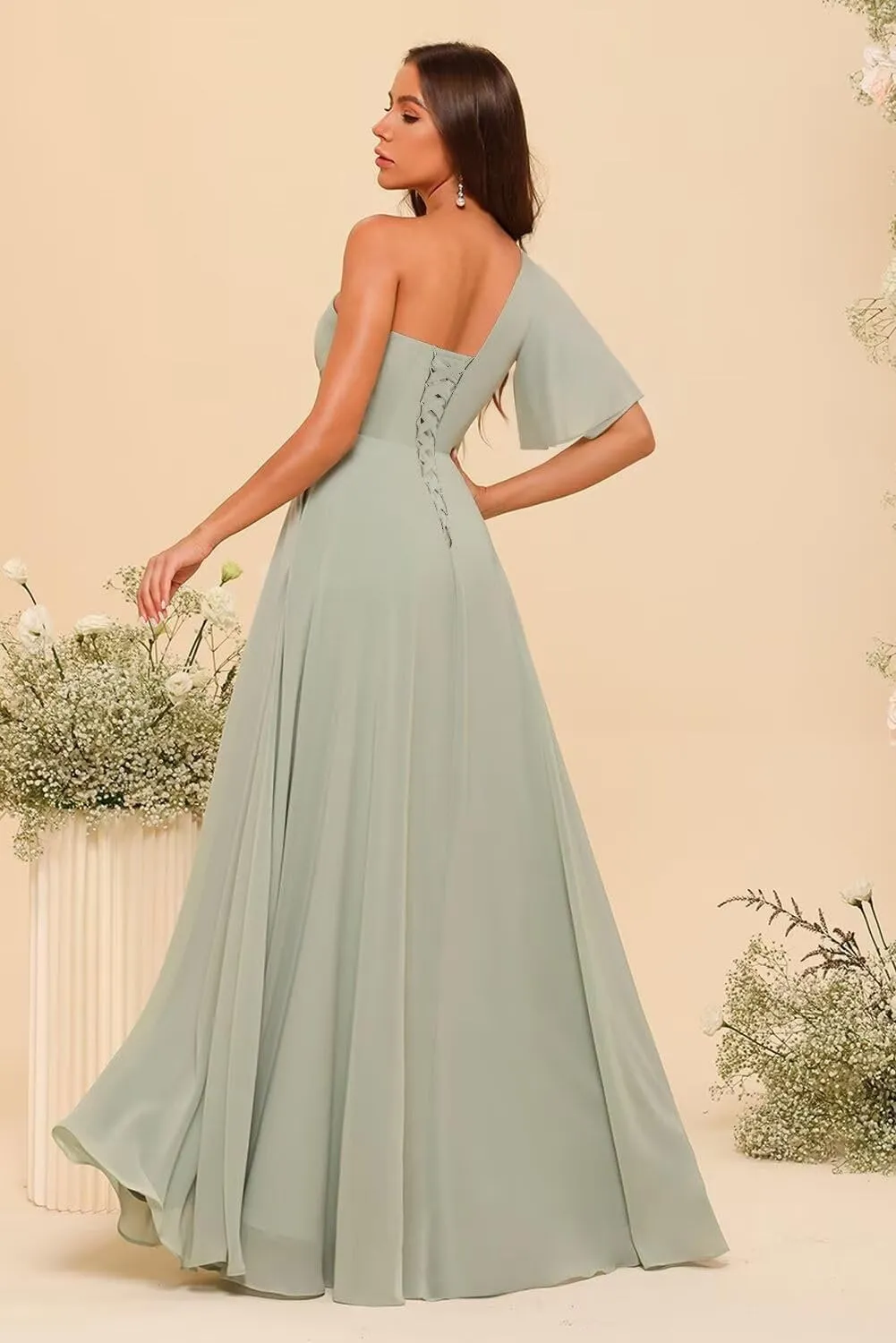 Women's Short Sleeves Chiffon Bridesmaid Dresses with Pockets 2025 Pleated Aline Formal Evening Dresses with Slit DE340