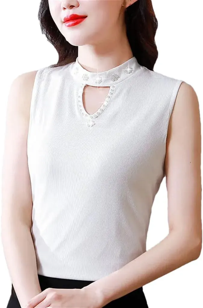 Women's Solid Color Round Neck Pearl Stitching Hollow Sleeveless Camisole Top