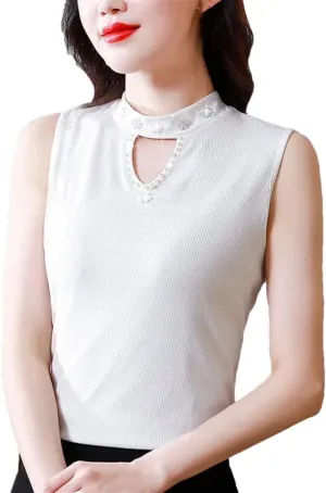 Women's Solid Color Round Neck Pearl Stitching Hollow Sleeveless Camisole Top