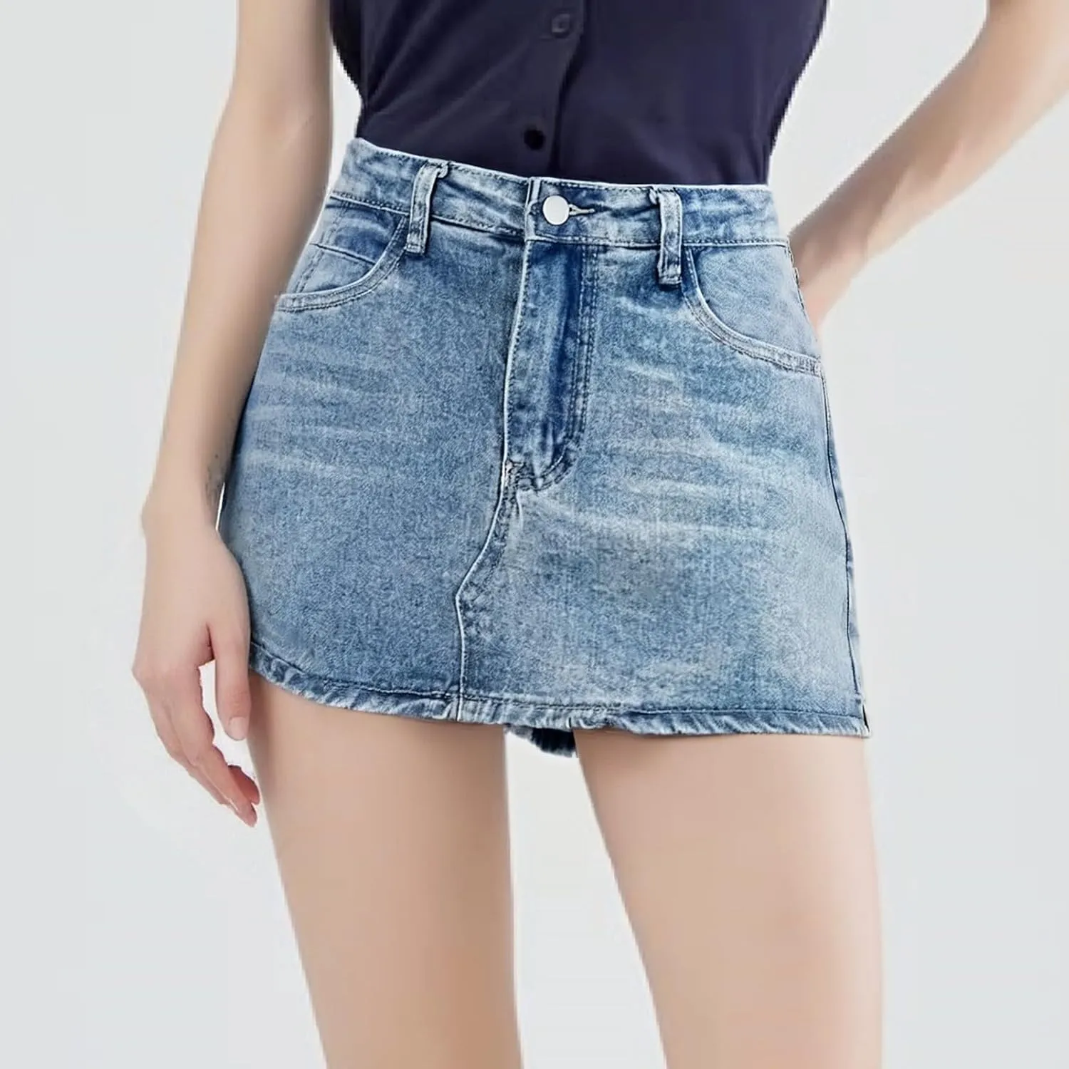Women's Solid Denim High Waisted Hip Miniskirt Culottes Knit Skirt Set for Girls