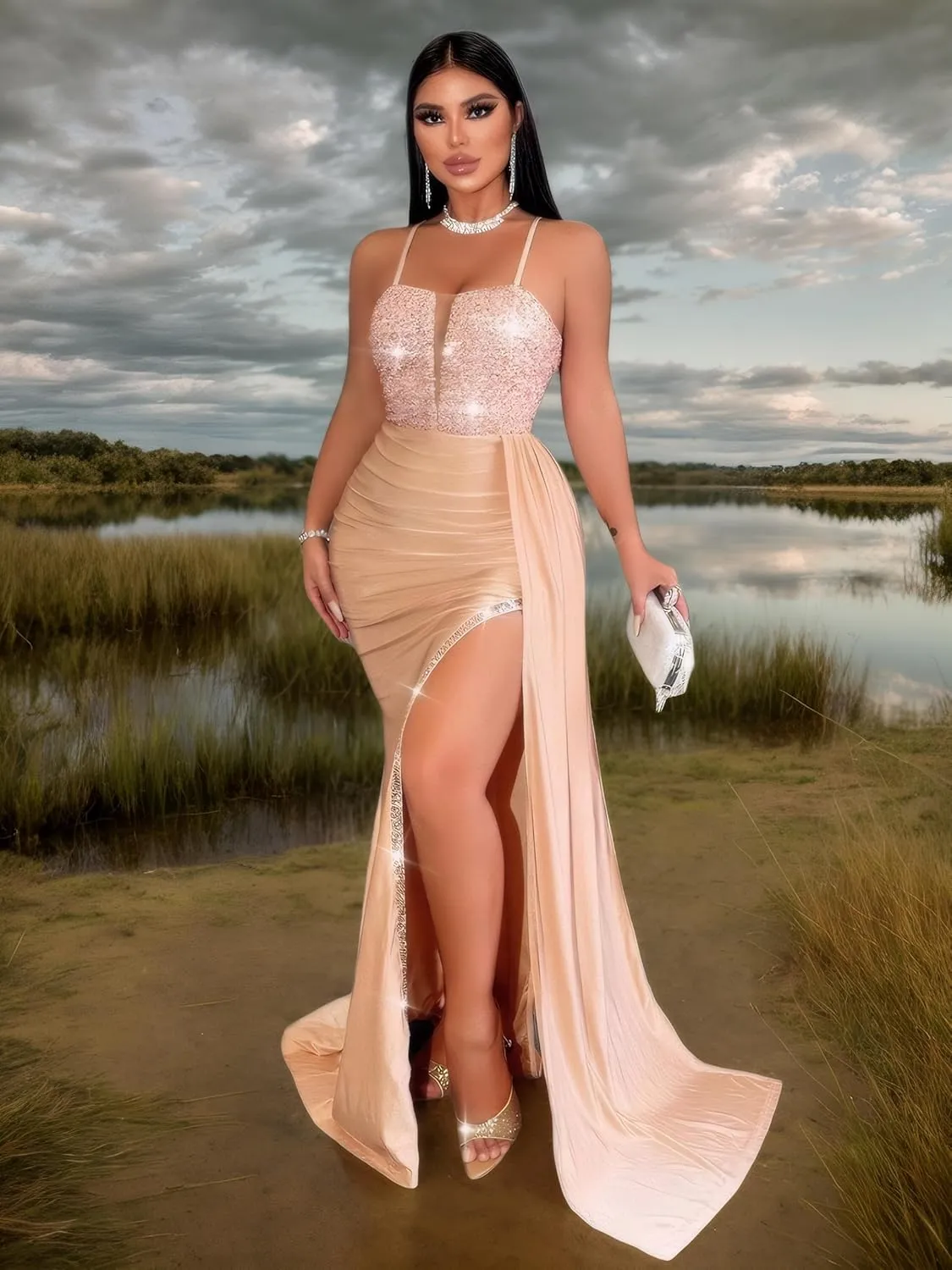 Womens Spaghetti Straps Sequin Mermaid Prom Dresses 2025 Sexy Maxi Dress Formal Evening Gowns