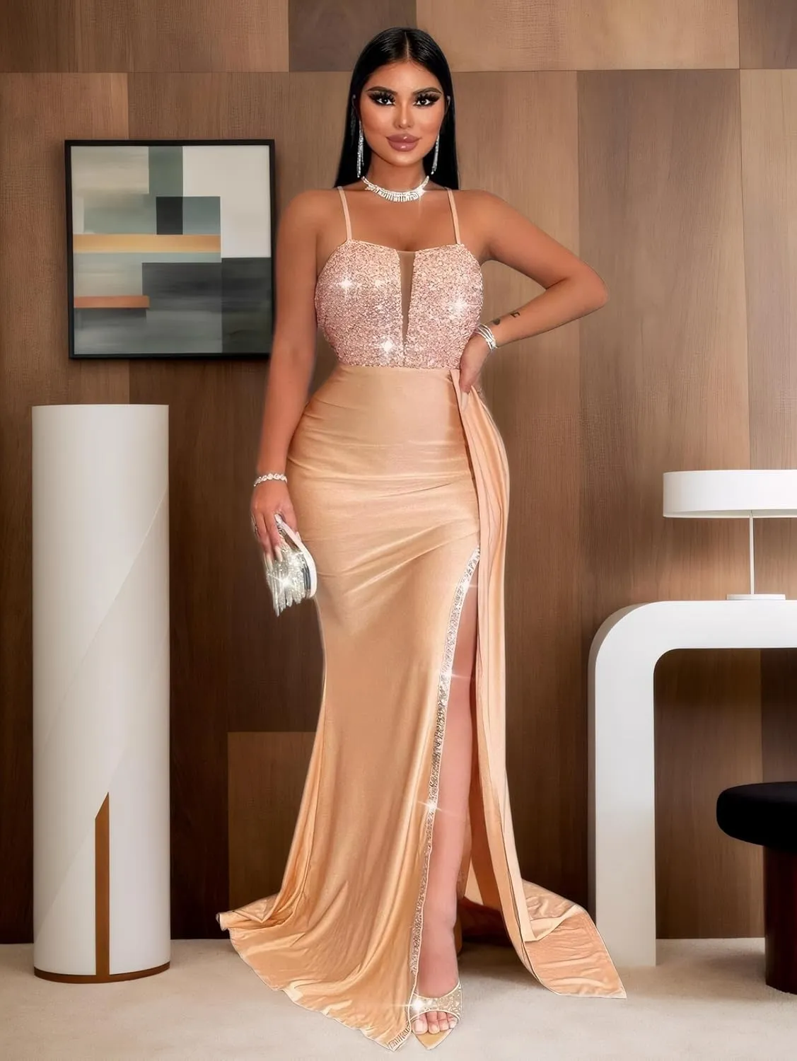 Womens Spaghetti Straps Sequin Mermaid Prom Dresses 2025 Sexy Maxi Dress Formal Evening Gowns