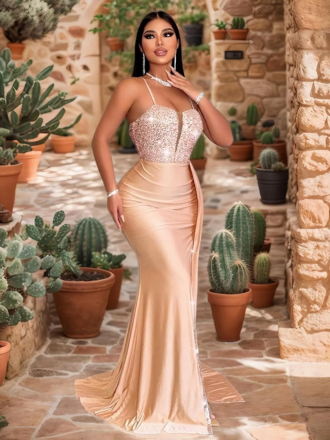 Womens Spaghetti Straps Sequin Mermaid Prom Dresses 2025 Sexy Maxi Dress Formal Evening Gowns