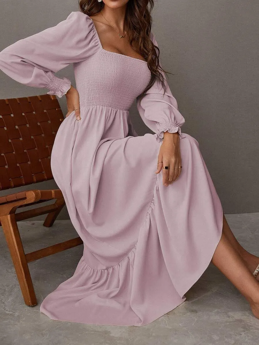 Women's Sqaure Neck Casual Dress Long Sleeve Maxi Dress Ruffle Shirred Flowy Long Dress