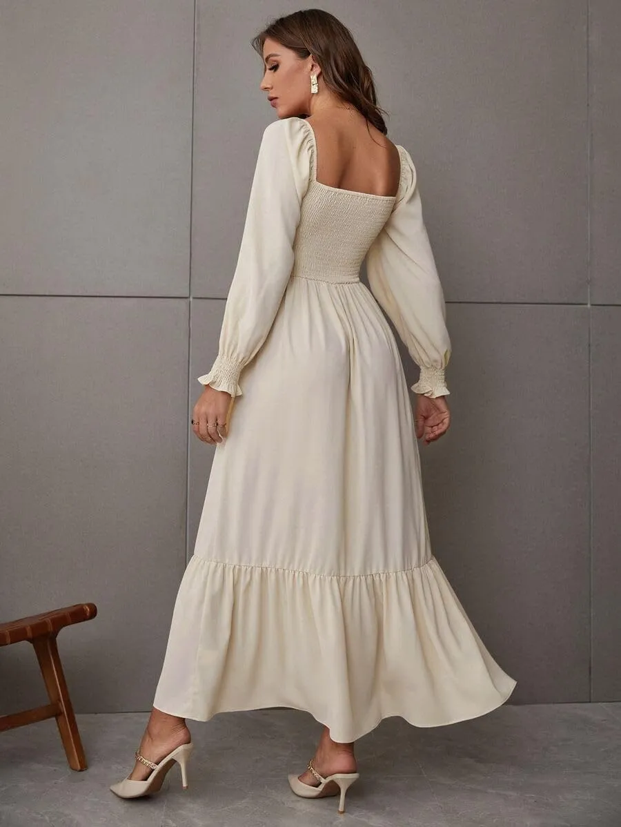 Women's Sqaure Neck Casual Dress Long Sleeve Maxi Dress Ruffle Shirred Flowy Long Dress