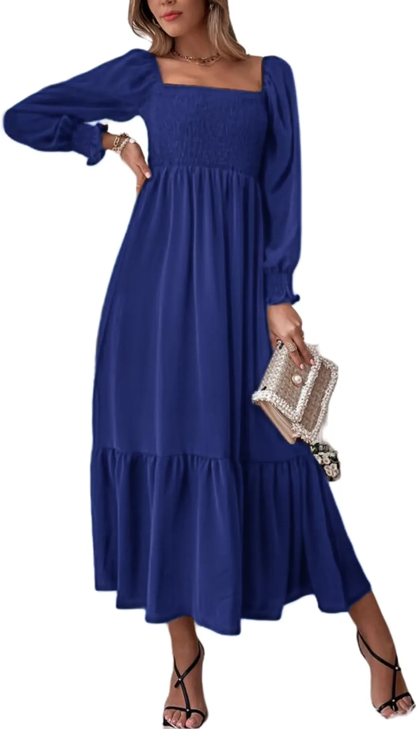 Women's Sqaure Neck Casual Dress Long Sleeve Maxi Dress Ruffle Shirred Flowy Long Dress