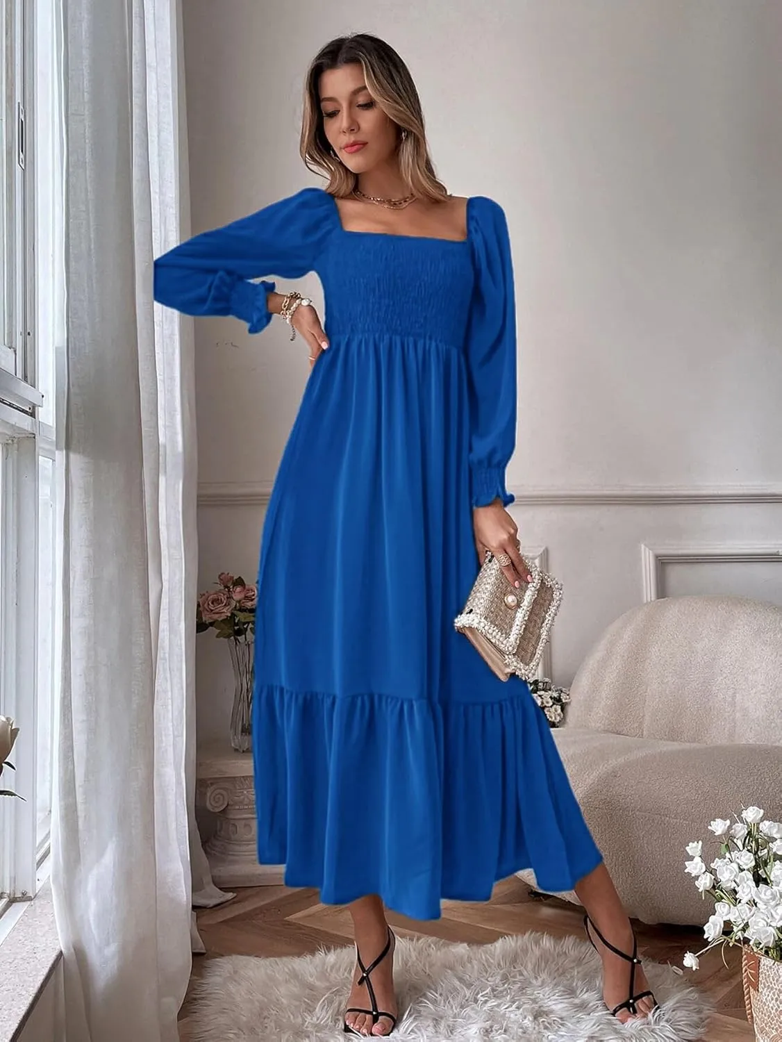 Women's Sqaure Neck Casual Dress Long Sleeve Maxi Dress Ruffle Shirred Flowy Long Dress