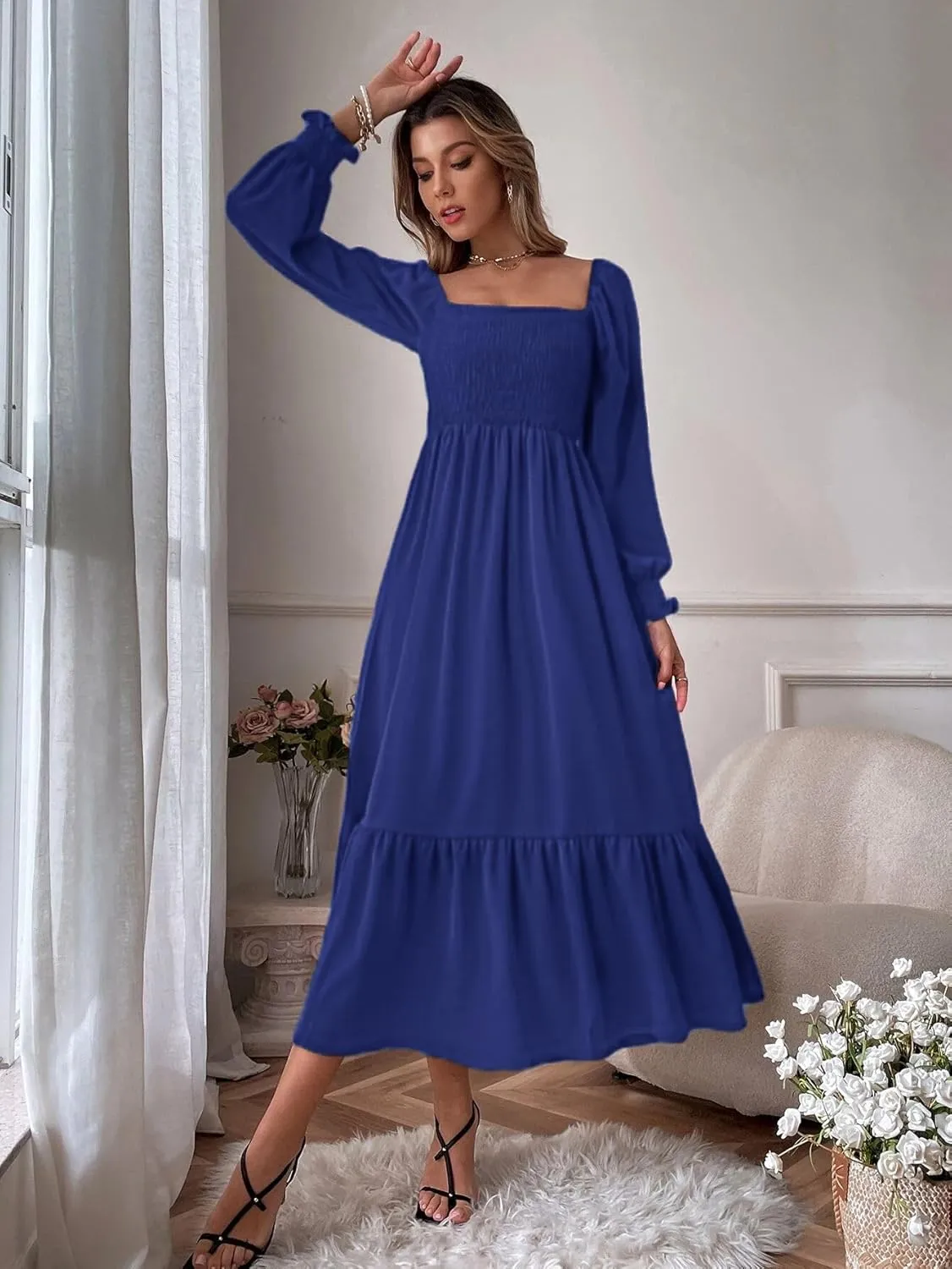 Women's Sqaure Neck Casual Dress Long Sleeve Maxi Dress Ruffle Shirred Flowy Long Dress