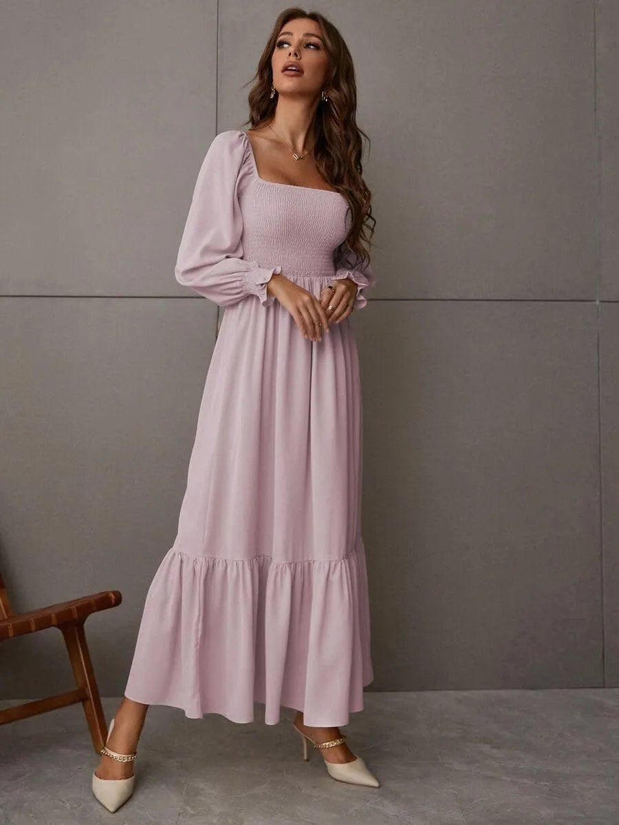 Women's Sqaure Neck Casual Dress Long Sleeve Maxi Dress Ruffle Shirred Flowy Long Dress