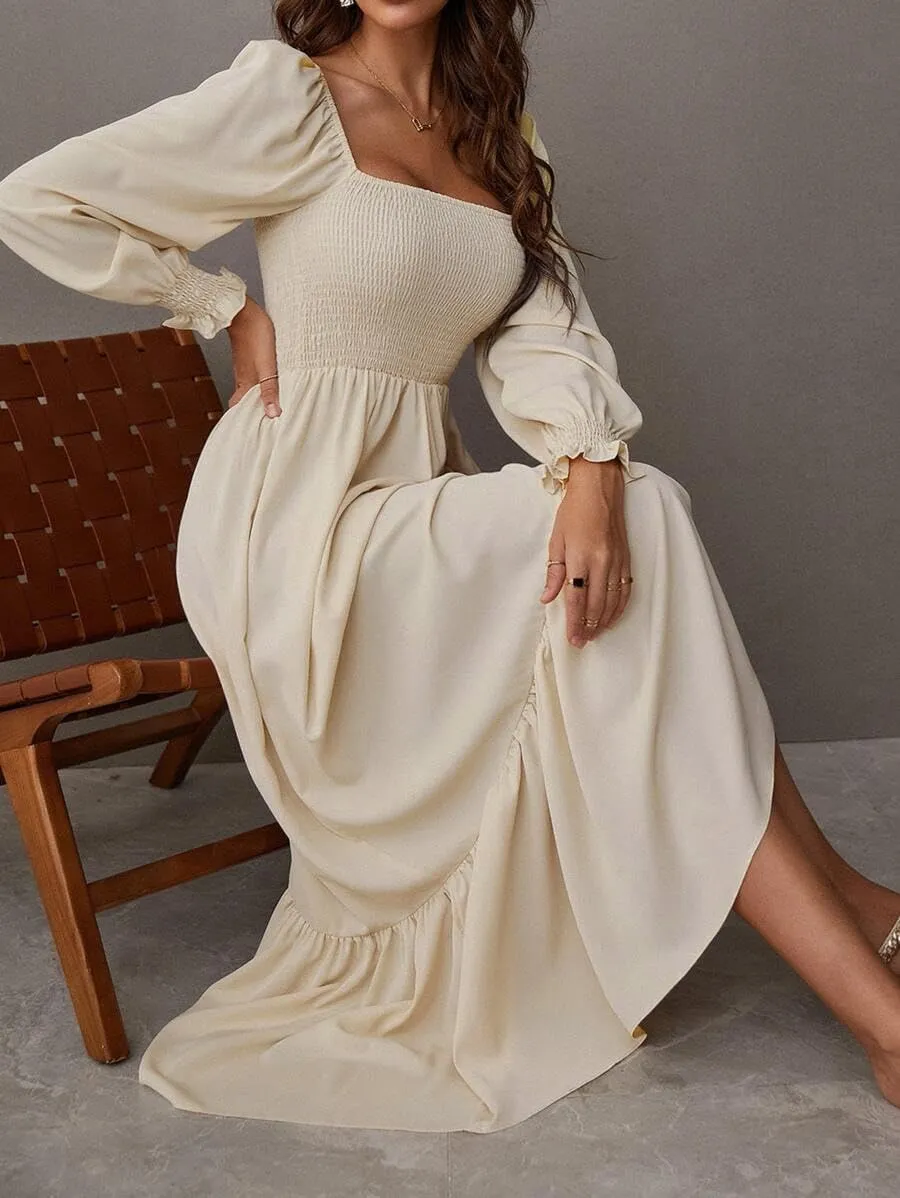 Women's Sqaure Neck Casual Dress Long Sleeve Maxi Dress Ruffle Shirred Flowy Long Dress