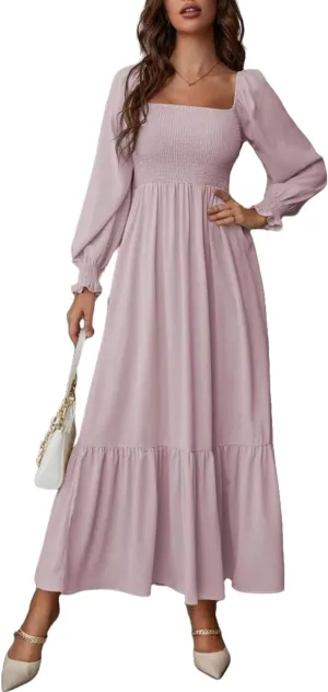 Women's Sqaure Neck Casual Dress Long Sleeve Maxi Dress Ruffle Shirred Flowy Long Dress