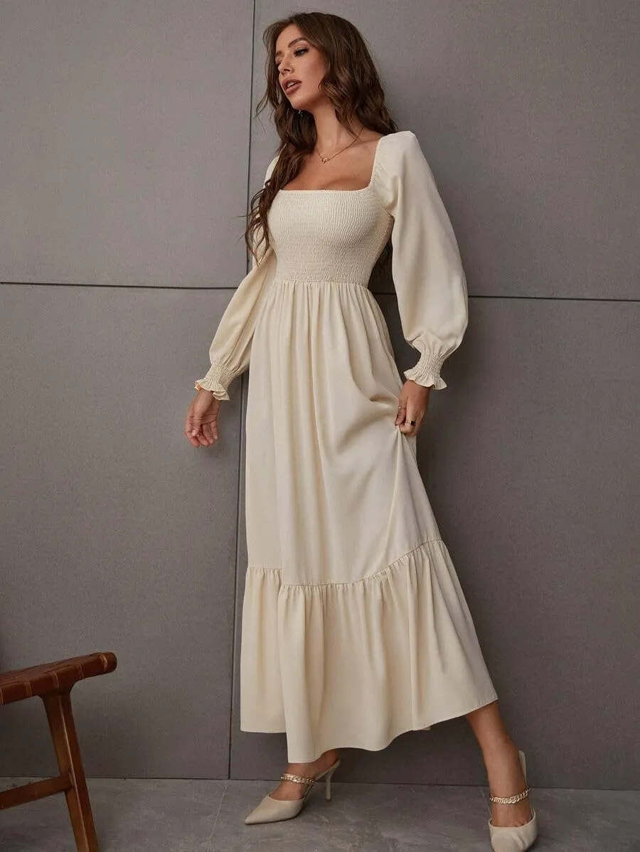 Women's Sqaure Neck Casual Dress Long Sleeve Maxi Dress Ruffle Shirred Flowy Long Dress