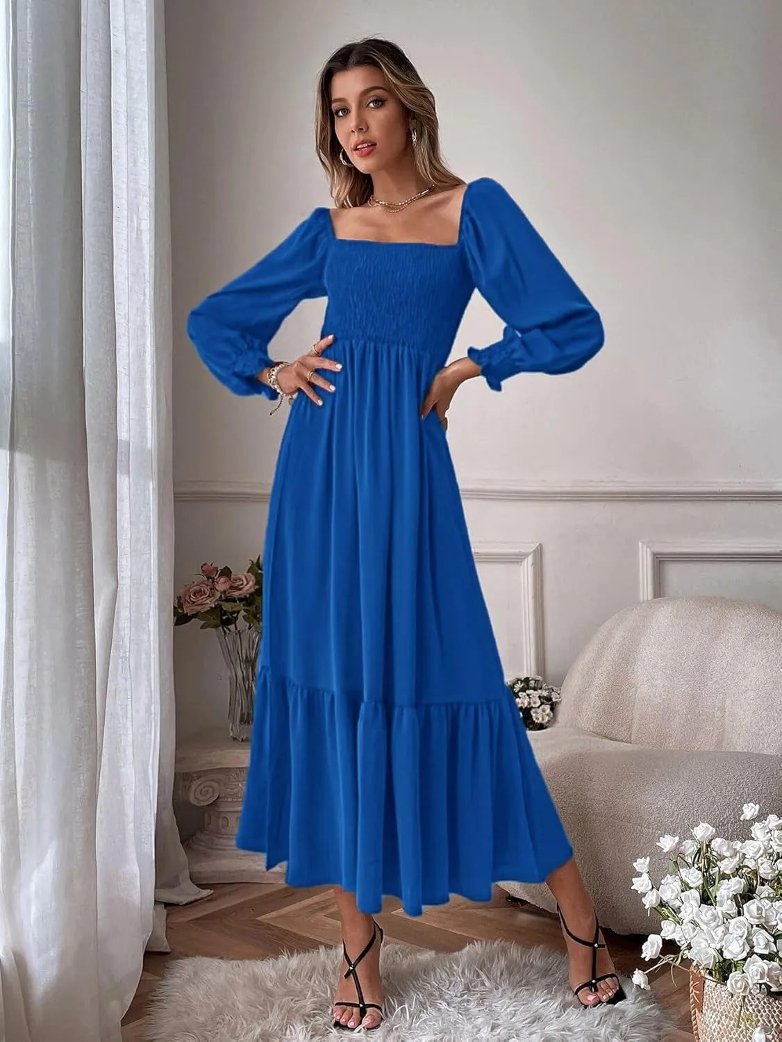 Women's Sqaure Neck Casual Dress Long Sleeve Maxi Dress Ruffle Shirred Flowy Long Dress