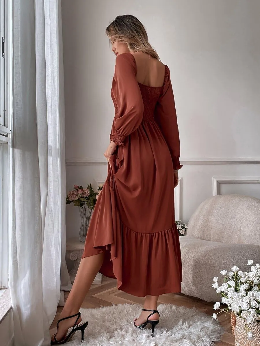Women's Sqaure Neck Casual Dress Long Sleeve Maxi Dress Ruffle Shirred Flowy Long Dress