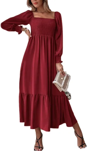 Women's Sqaure Neck Casual Dress Long Sleeve Maxi Dress Ruffle Shirred Flowy Long Dress