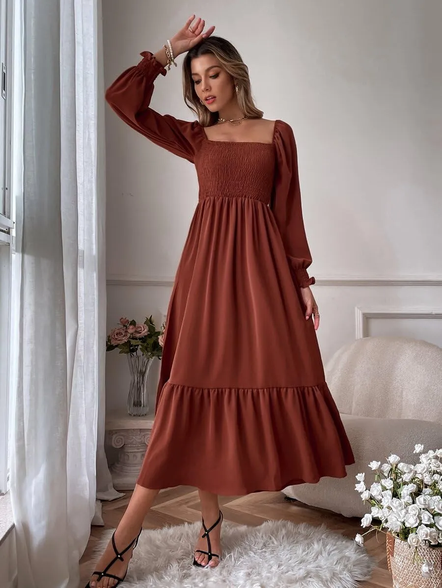 Women's Sqaure Neck Casual Dress Long Sleeve Maxi Dress Ruffle Shirred Flowy Long Dress