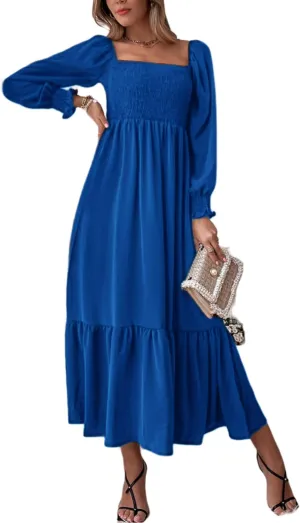 Women's Sqaure Neck Casual Dress Long Sleeve Maxi Dress Ruffle Shirred Flowy Long Dress