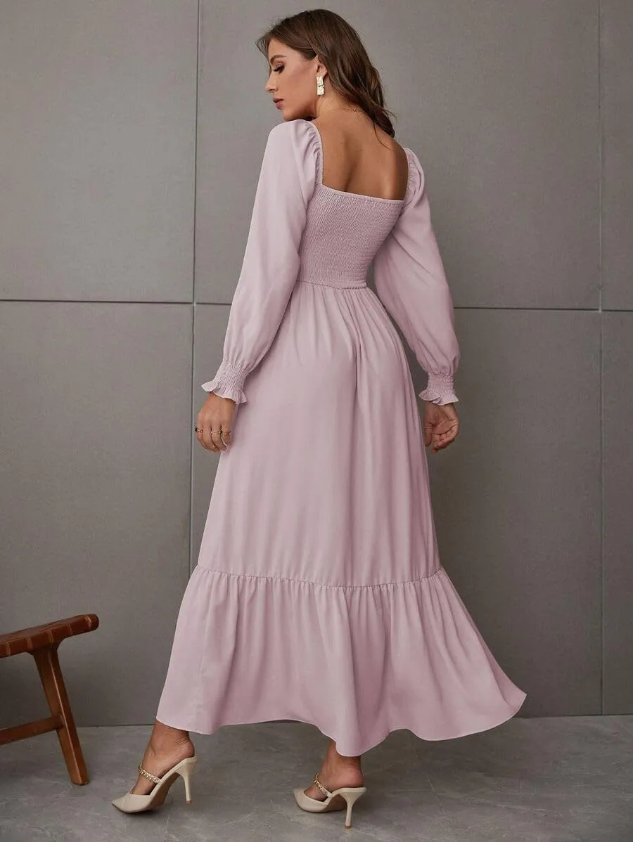 Women's Sqaure Neck Casual Dress Long Sleeve Maxi Dress Ruffle Shirred Flowy Long Dress