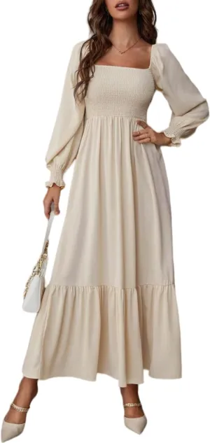 Women's Sqaure Neck Casual Dress Long Sleeve Maxi Dress Ruffle Shirred Flowy Long Dress