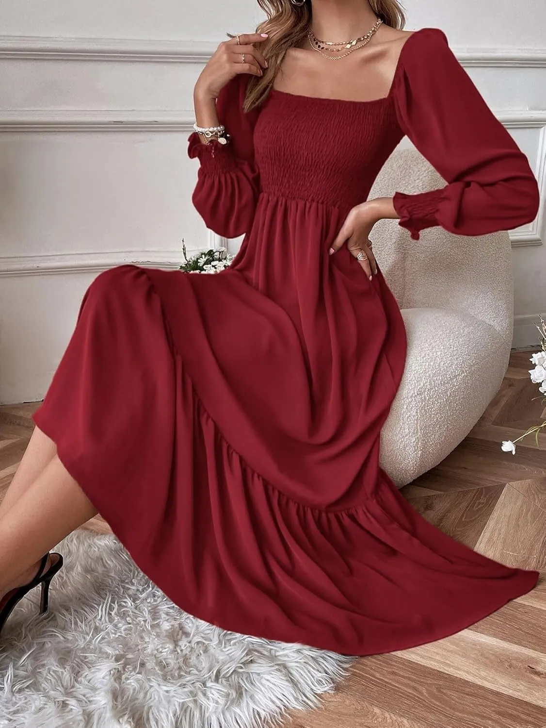Women's Sqaure Neck Casual Dress Long Sleeve Maxi Dress Ruffle Shirred Flowy Long Dress