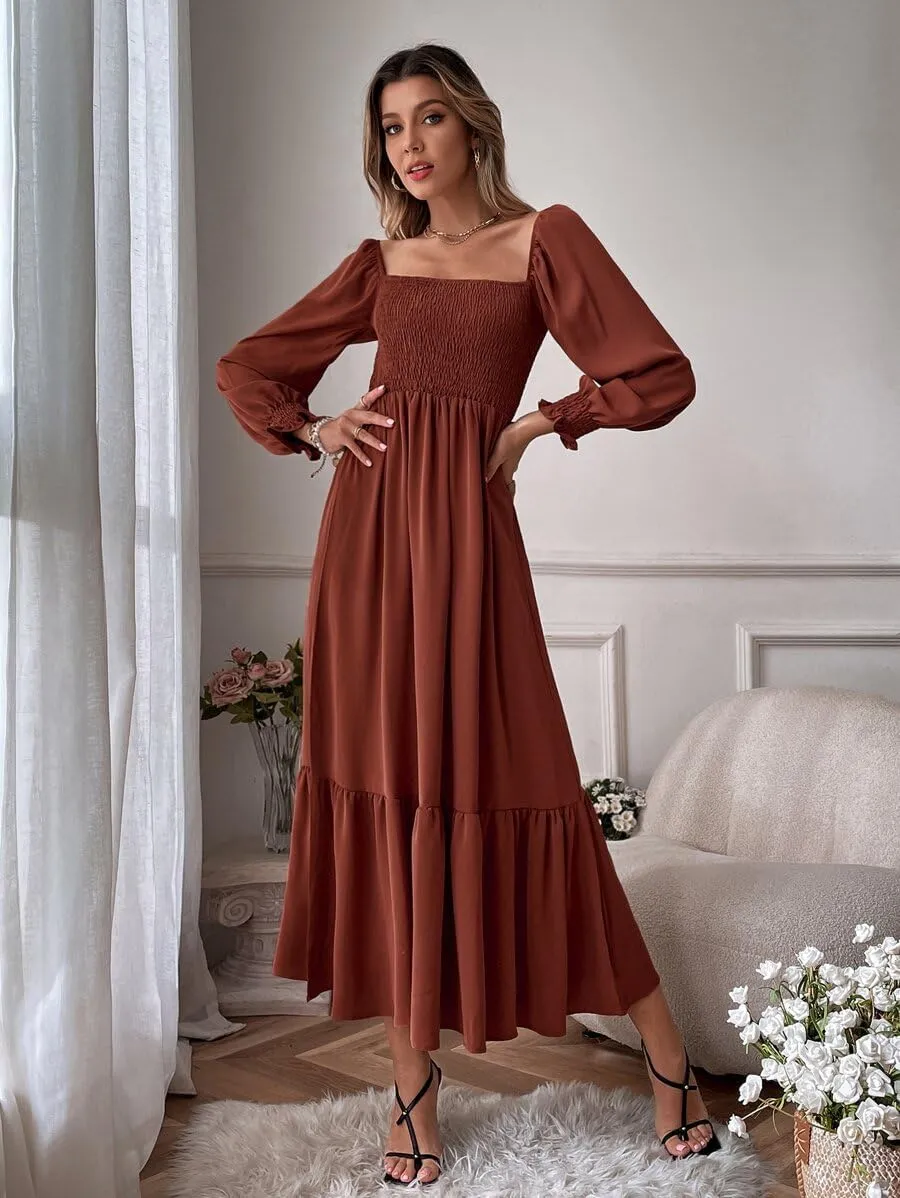 Women's Sqaure Neck Casual Dress Long Sleeve Maxi Dress Ruffle Shirred Flowy Long Dress