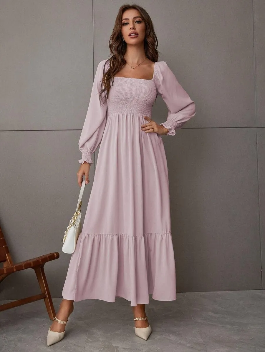 Women's Sqaure Neck Casual Dress Long Sleeve Maxi Dress Ruffle Shirred Flowy Long Dress