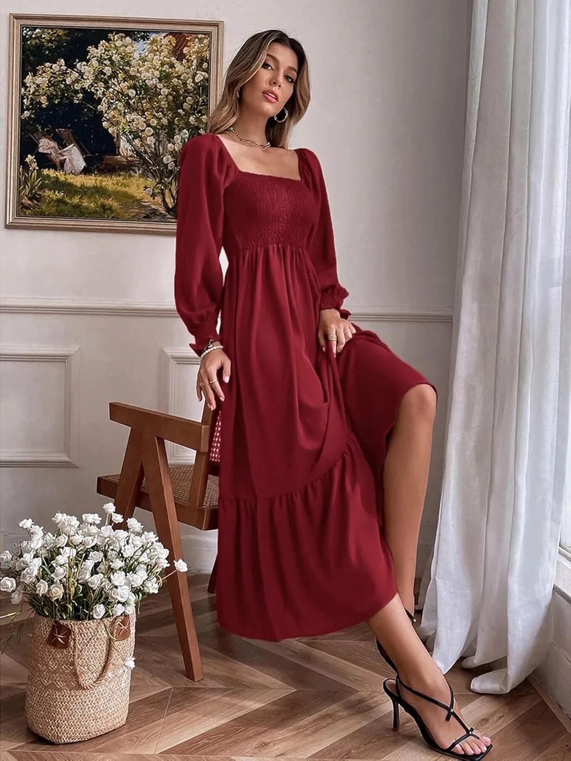 Women's Sqaure Neck Casual Dress Long Sleeve Maxi Dress Ruffle Shirred Flowy Long Dress