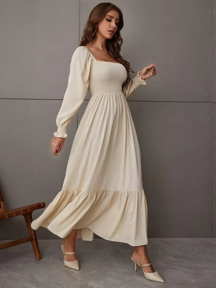 Women's Sqaure Neck Casual Dress Long Sleeve Maxi Dress Ruffle Shirred Flowy Long Dress