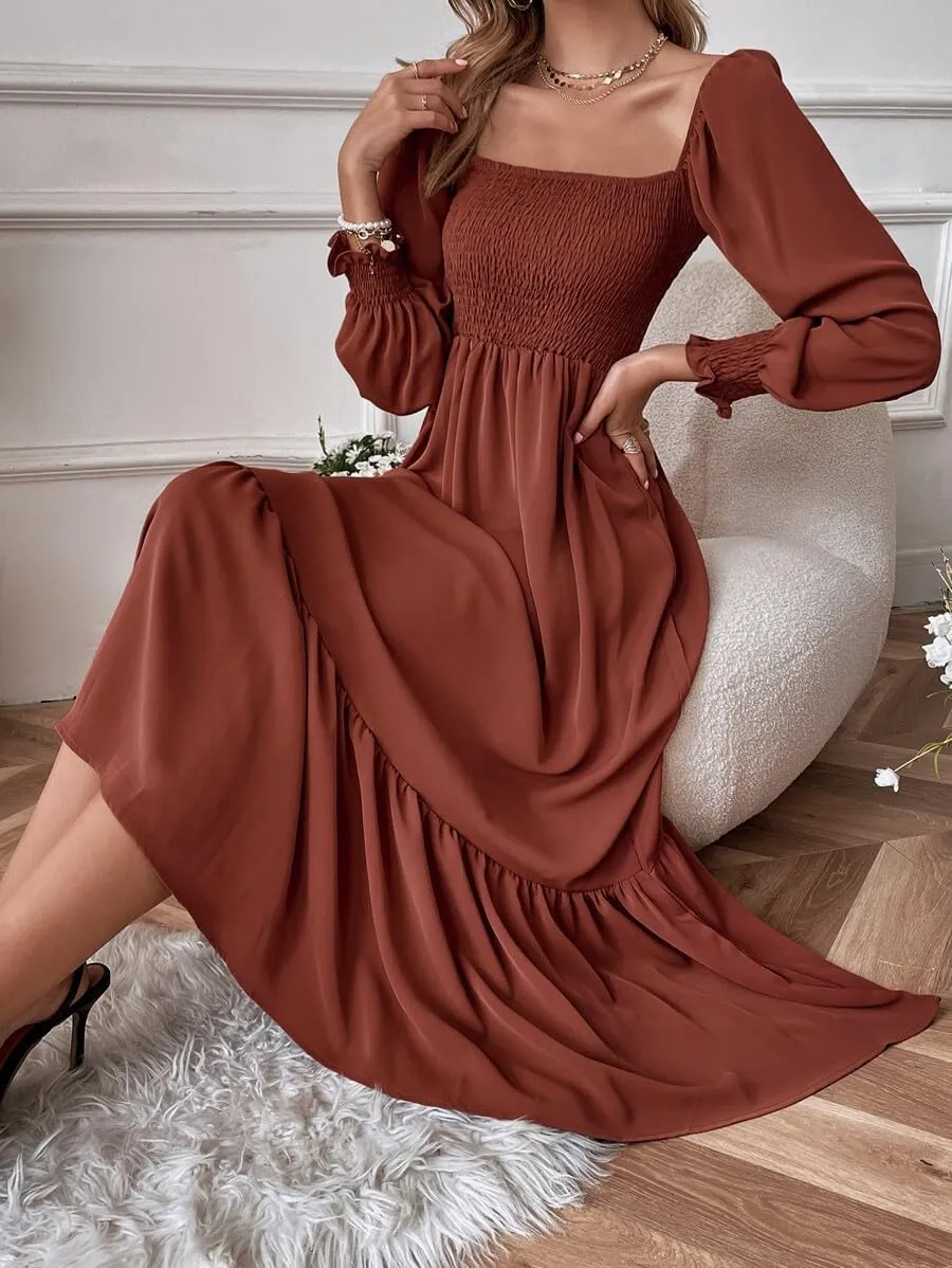 Women's Sqaure Neck Casual Dress Long Sleeve Maxi Dress Ruffle Shirred Flowy Long Dress