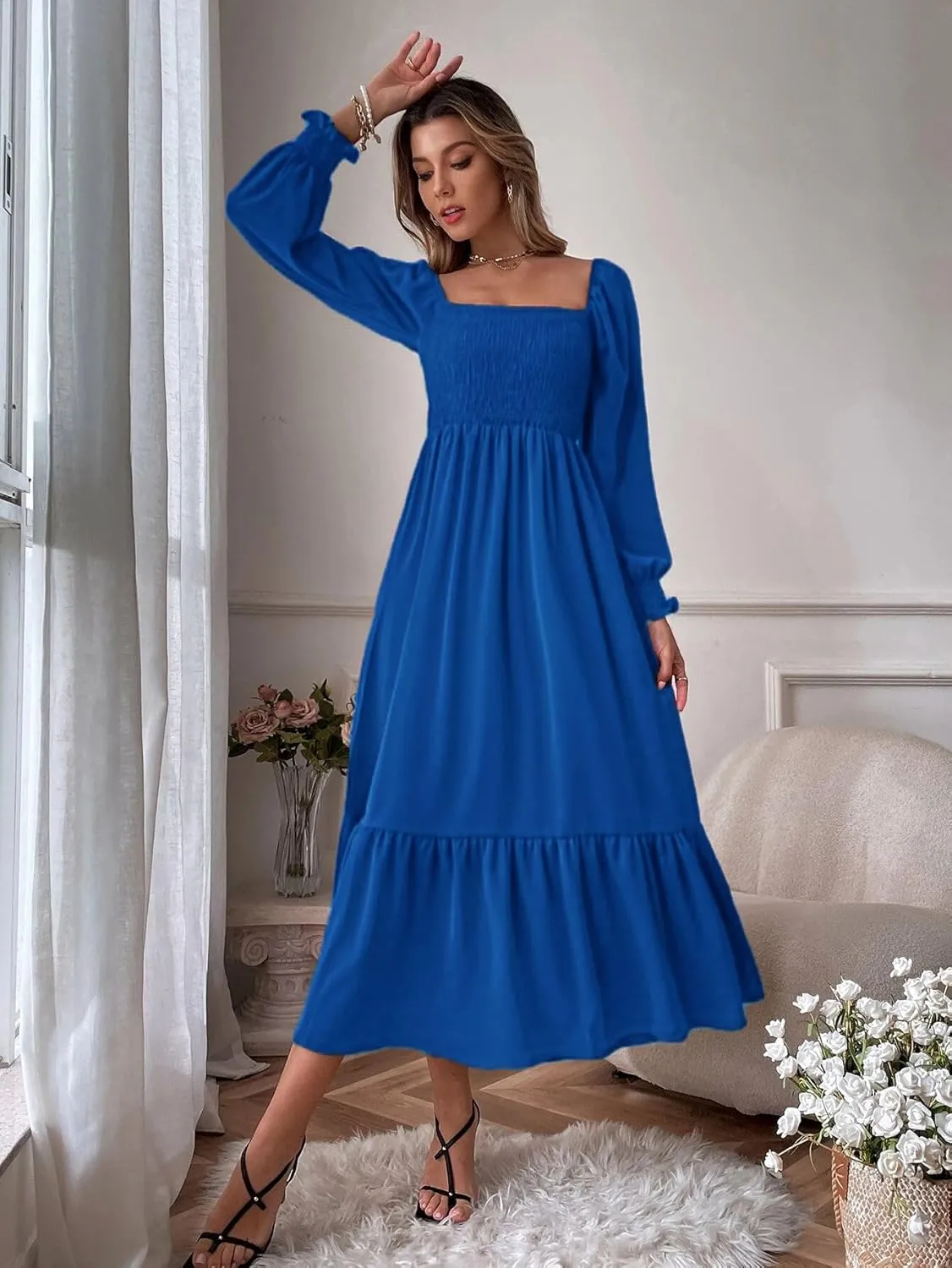 Women's Sqaure Neck Casual Dress Long Sleeve Maxi Dress Ruffle Shirred Flowy Long Dress