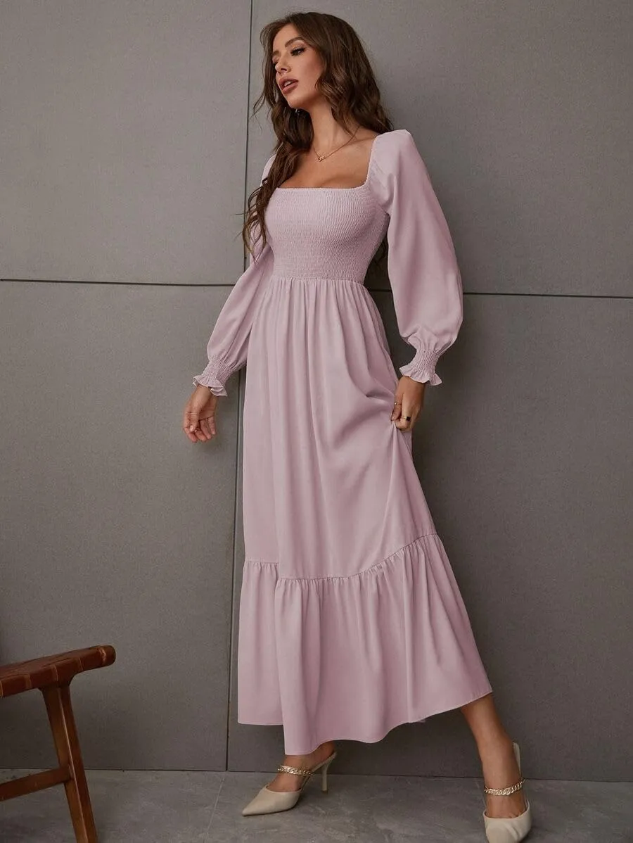 Women's Sqaure Neck Casual Dress Long Sleeve Maxi Dress Ruffle Shirred Flowy Long Dress