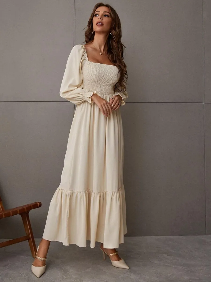 Women's Sqaure Neck Casual Dress Long Sleeve Maxi Dress Ruffle Shirred Flowy Long Dress