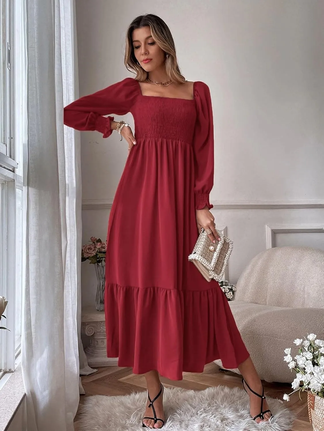Women's Sqaure Neck Casual Dress Long Sleeve Maxi Dress Ruffle Shirred Flowy Long Dress