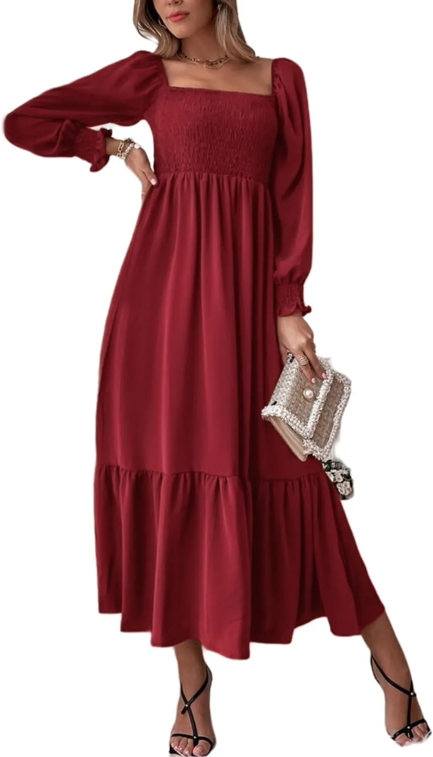 Women's Sqaure Neck Casual Dress Long Sleeve Maxi Dress Ruffle Shirred Flowy Long Dress