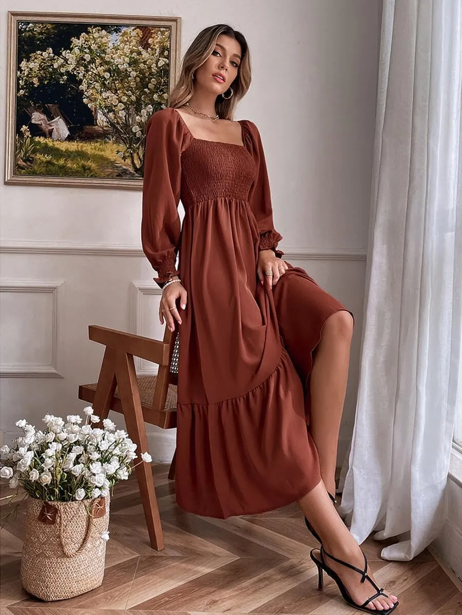 Women's Sqaure Neck Casual Dress Long Sleeve Maxi Dress Ruffle Shirred Flowy Long Dress