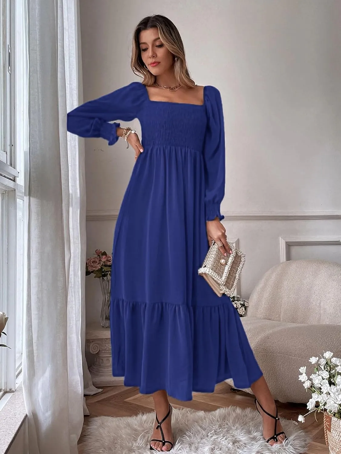Women's Sqaure Neck Casual Dress Long Sleeve Maxi Dress Ruffle Shirred Flowy Long Dress