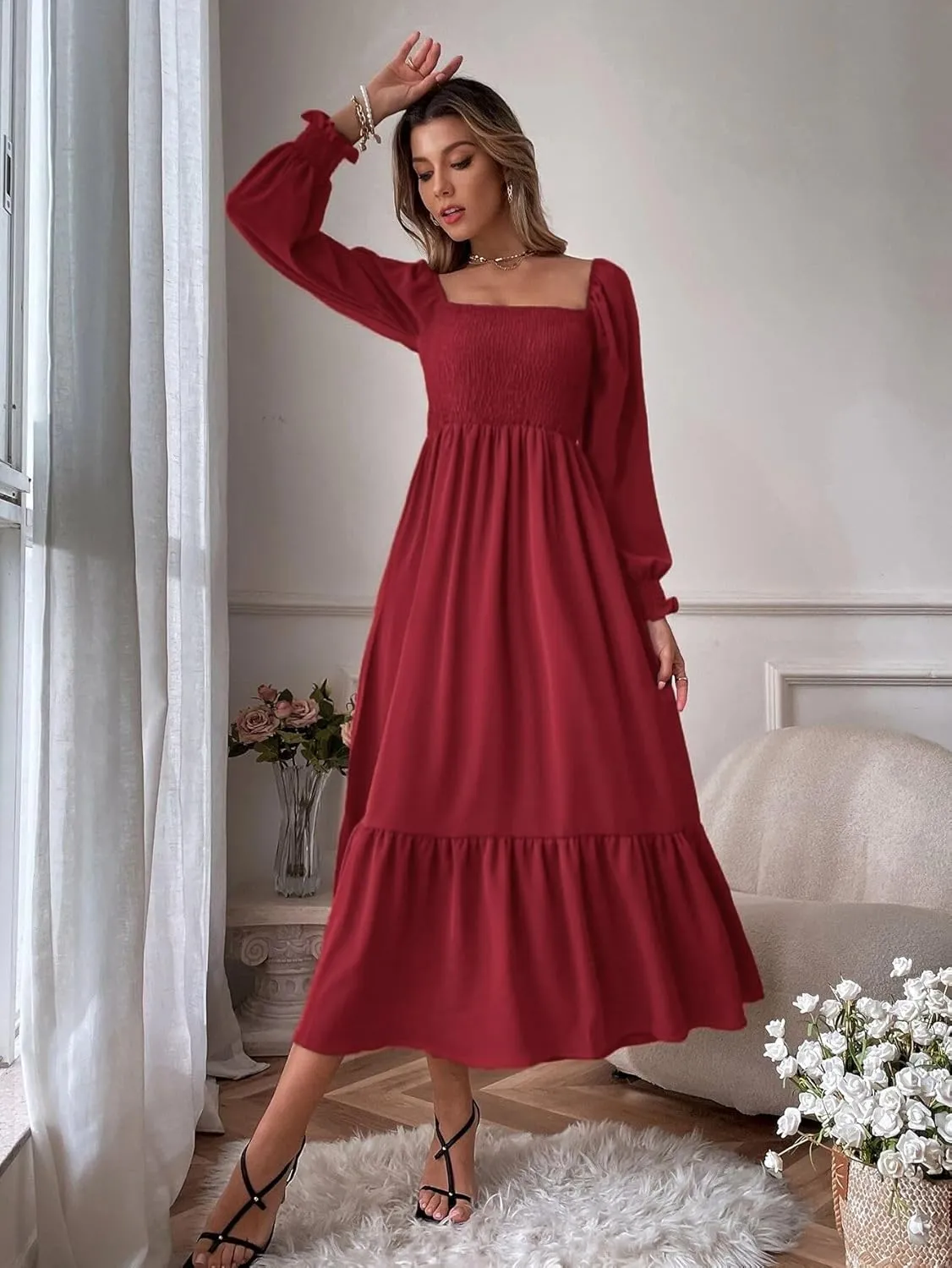 Women's Sqaure Neck Casual Dress Long Sleeve Maxi Dress Ruffle Shirred Flowy Long Dress