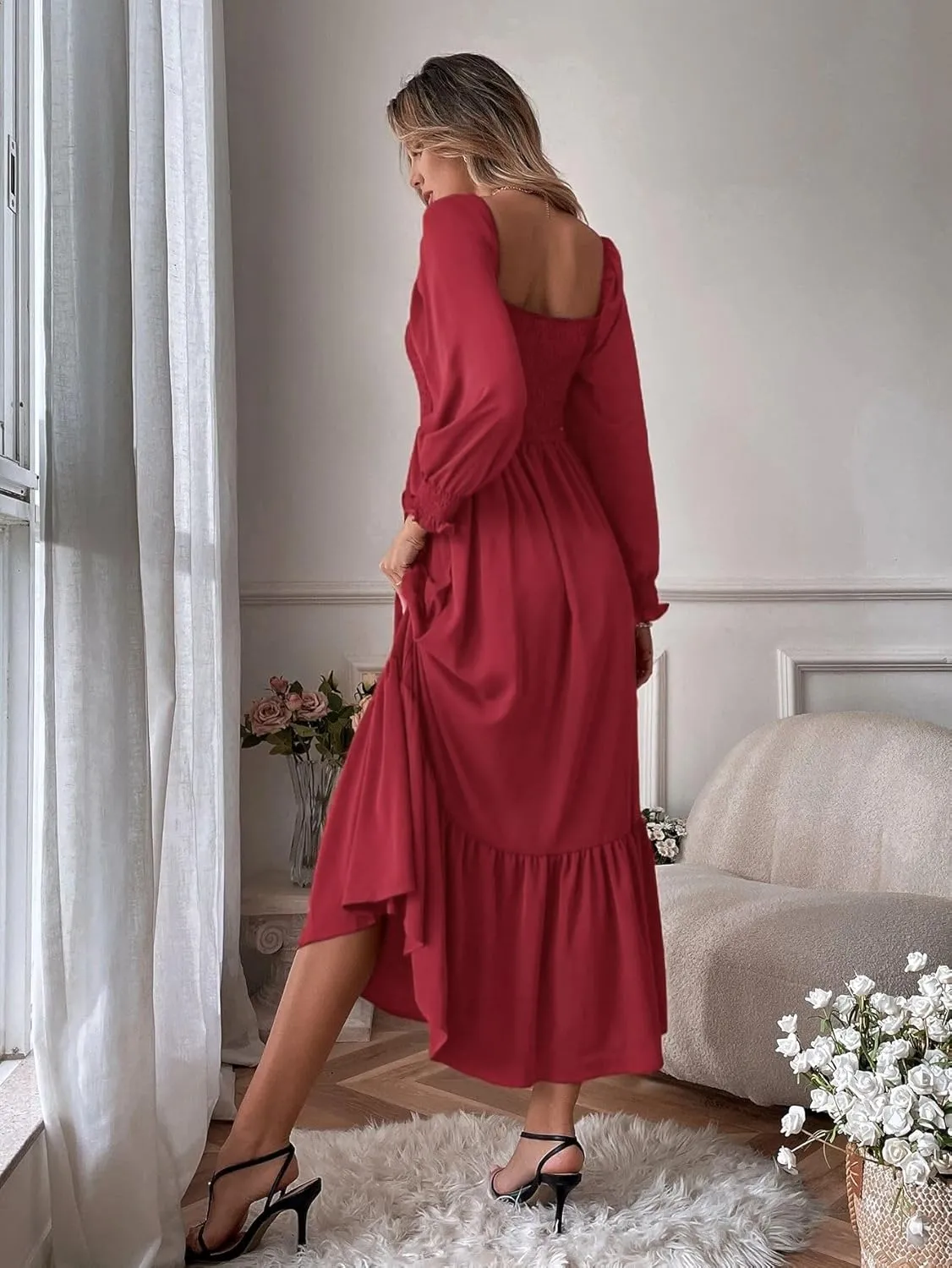 Women's Sqaure Neck Casual Dress Long Sleeve Maxi Dress Ruffle Shirred Flowy Long Dress