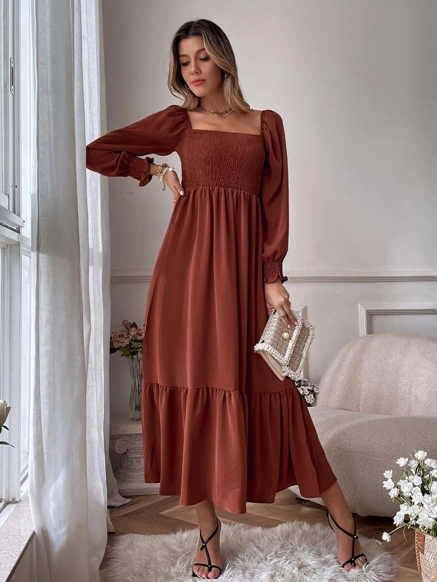 Women's Sqaure Neck Casual Dress Long Sleeve Maxi Dress Ruffle Shirred Flowy Long Dress