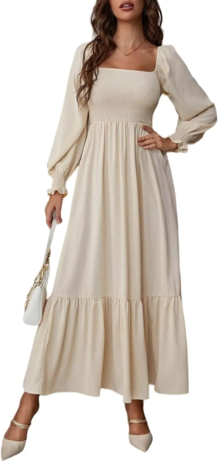 Women's Sqaure Neck Casual Dress Long Sleeve Maxi Dress Ruffle Shirred Flowy Long Dress