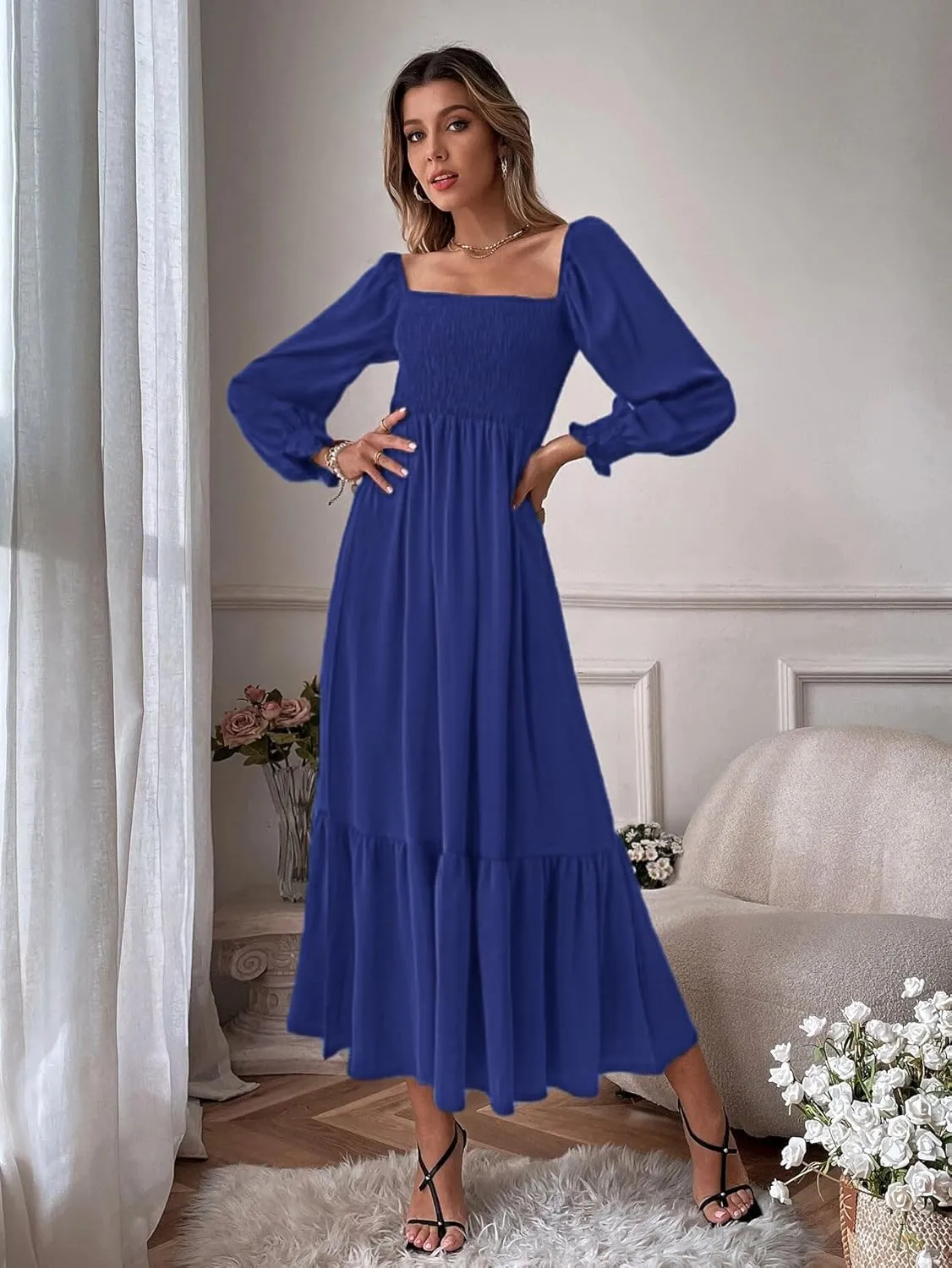 Women's Sqaure Neck Casual Dress Long Sleeve Maxi Dress Ruffle Shirred Flowy Long Dress
