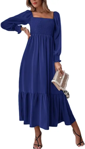 Women's Sqaure Neck Casual Dress Long Sleeve Maxi Dress Ruffle Shirred Flowy Long Dress