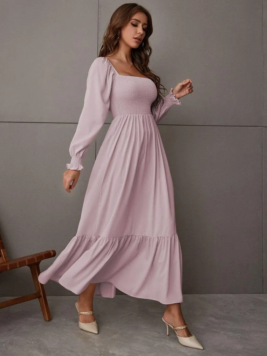 Women's Sqaure Neck Casual Dress Long Sleeve Maxi Dress Ruffle Shirred Flowy Long Dress