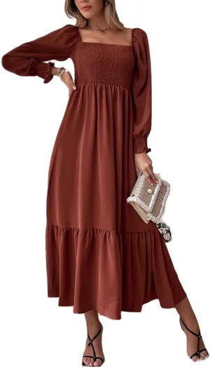 Women's Sqaure Neck Casual Dress Long Sleeve Maxi Dress Ruffle Shirred Flowy Long Dress