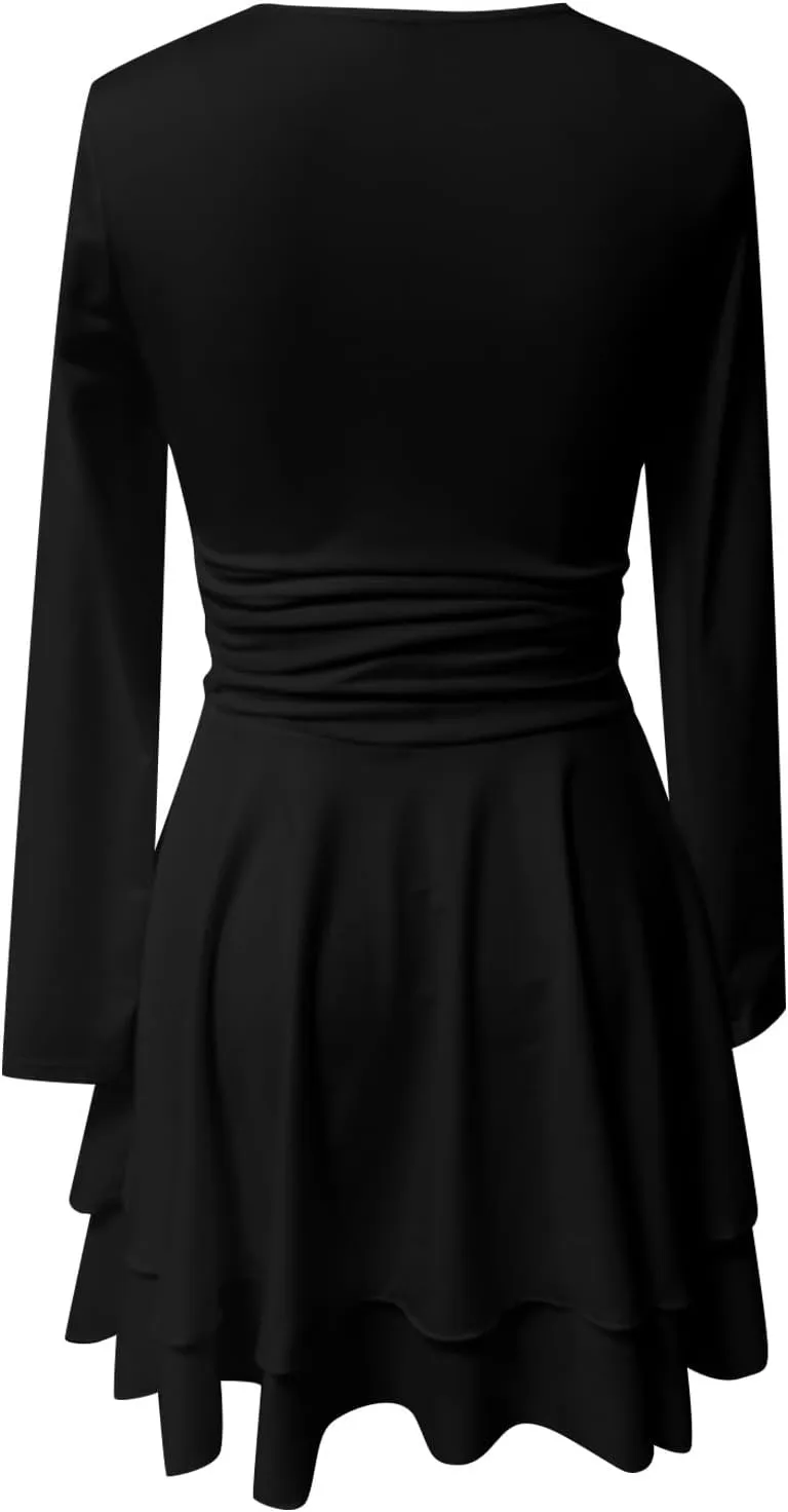 Women's Square Neck Ruffle Hem Mini Dress Long Sleeve Ruched Waist Corset Short Party Dresses Cocktail Short Dress
