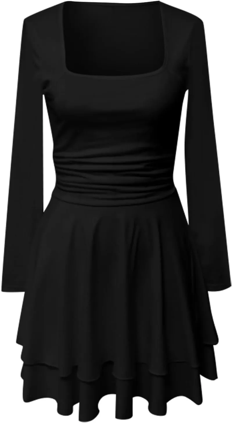 Women's Square Neck Ruffle Hem Mini Dress Long Sleeve Ruched Waist Corset Short Party Dresses Cocktail Short Dress
